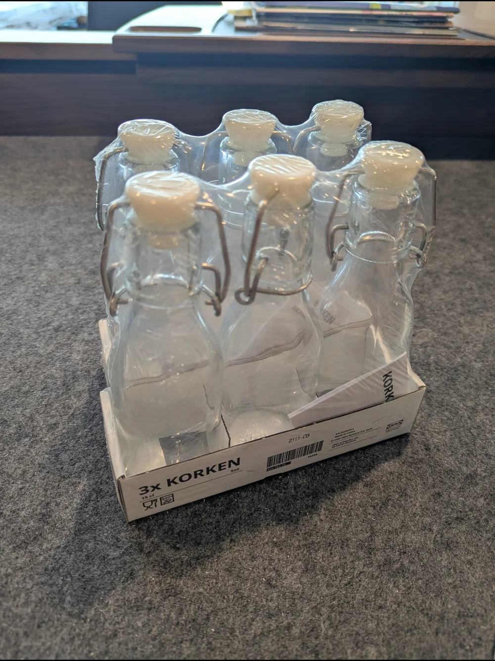 IKEA Clear Glass KORKEN Bottles with White Swing Stoppers (Set of 6)